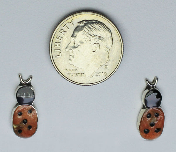 SC - Zuni Jewelry<br>Earrings - Post/Stud - Ladybugs<br>Orange Spiny Oyster & Jet Multi-Inlay<br>