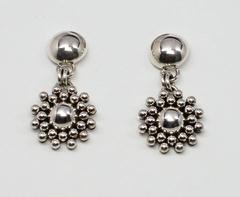 Z Artie Yellowhorse - Navajo Jewelry<br>Earrings<br>Snowflake1-Small 5/8" w Domed Top <br>Dbl Row Perimeter Beads<br>Dangle Post<br>Sterling Silver