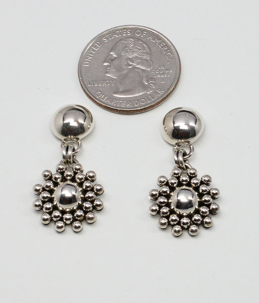 Z Artie Yellowhorse - Navajo Jewelry<br>Earrings<br>Snowflake1-Small 5/8" w Domed Top <br>Dbl Row Perimeter Beads<br>Dangle Post<br>Sterling Silver