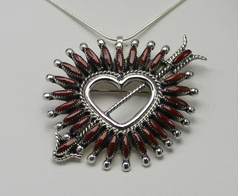 Z Dan Etsate - Zuni<br>Pendant/Pin (Only) Needlepoint Coral<br>Heart w Angled Sterling Silver Arrow