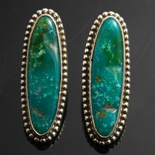 Rosella Sandoval - Apache<br>1-1/16" Earrings<br>Chinese Turquoise<br>Elongated Ovals with Bead<br>Post<br>Sterling Silver