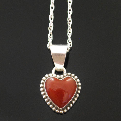 Z Native American Jewelry<br>1/2" Pendant w Chain<br>Red Carnelian Heart<br>Beaded Perimeter<br>Sterling Silver