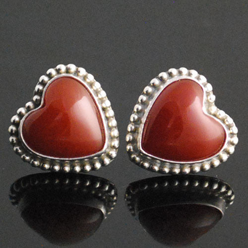 Z Native American Jewelry<br>1/2" Earrings - Post/Stud<br>Red Carnelian Heart<br>Beaded Perimeter<br>Sterling Silver