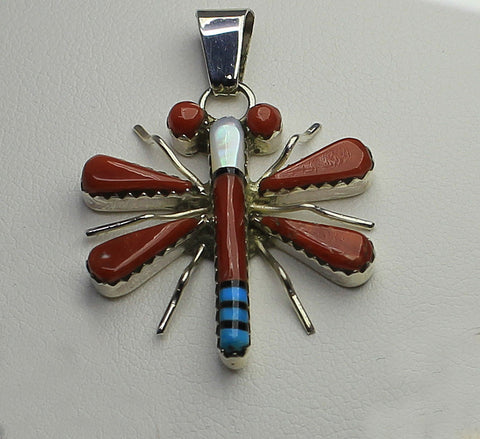 Wayne & Josie Haloo<br>Zuni Jewelry<br>Pendant - Dragonfly-Medium<br>Coral, Turquoise, Jet<br>White Mother of Pearl<br>Silver<br>18" Silver Chain