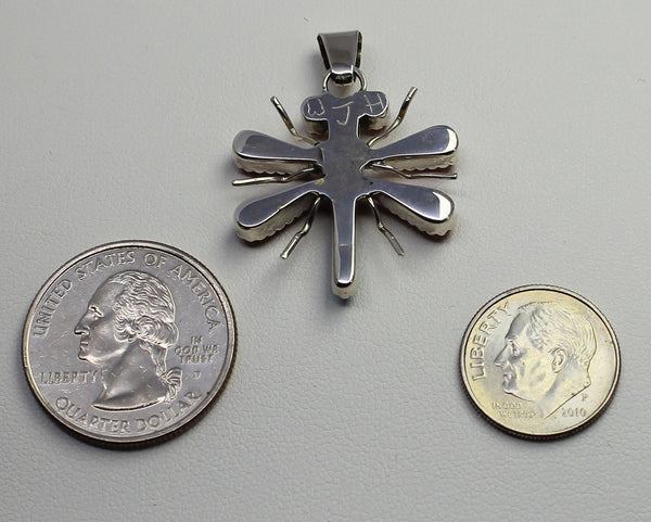 Wayne & Josie Haloo<br>Zuni Jewelry<br>Pendant - Dragonfly-Medium<br>Coral, Turquoise, Jet<br>White Mother of Pearl<br>Silver<br>18" Silver Chain