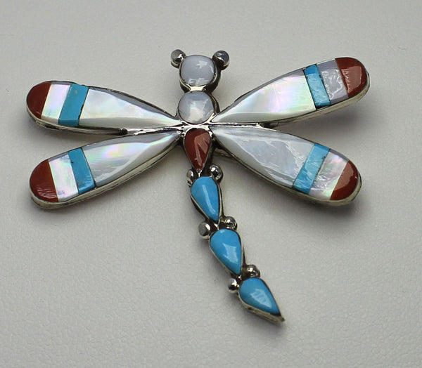 Z Angus Ahiyite - Zuni Jewelry<br>Pendant/Pin<br>Dragonfly with Large w Curved Tail<br>White Mother of Pearl, Turquoise, Coral