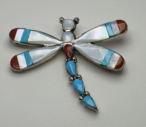 Z Angus Ahiyite - Zuni Jewelry<br>Pendant/Pin<br>Dragonfly with Large w Curved Tail<br>White Mother of Pearl, Turquoise, Coral