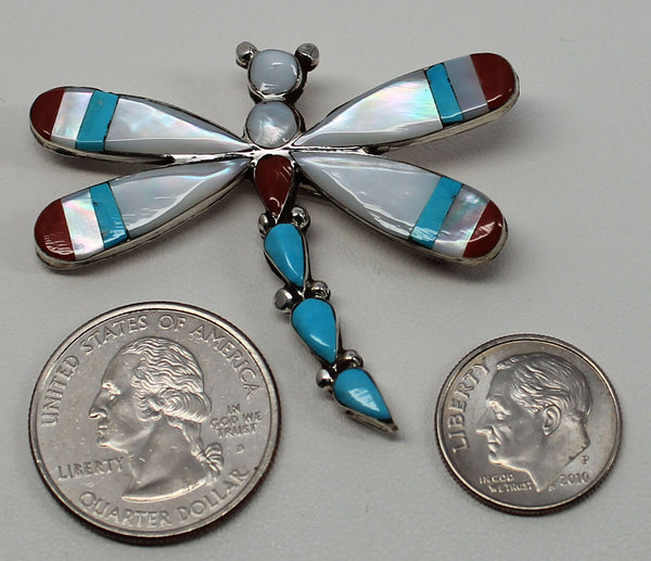 Z Angus Ahiyite - Zuni Jewelry<br>Pendant/Pin<br>Dragonfly with Large w Curved Tail<br>White Mother of Pearl, Turquoise, Coral