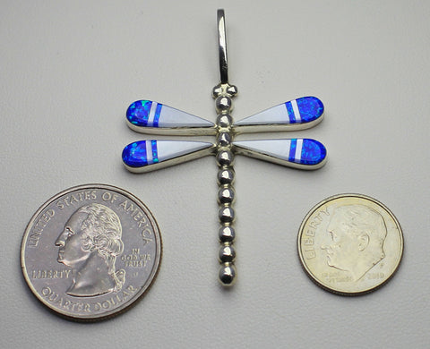 Pendant - Dragonfly<br> with Multi-Inlay<br>J/A Beyuka (Zuni)<br>White Mother of Pearl<br>& Dark Blue Imitation Opal<br>18" Sterling Silver Box Chain