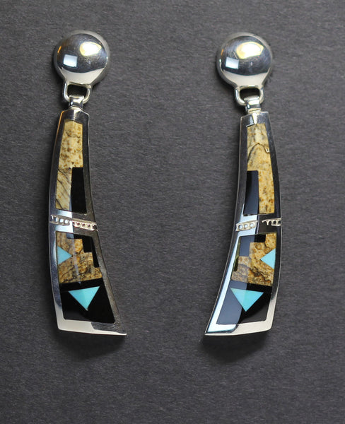 Z Supersmith-David Rosales<br> 2" Earrings<br>Picture Jasper, Black Jade, &<br>Sleeping Beauty Turquoise<br>"Turquoise Creek" -  ER153<br>Multi-Inlay<br>Dangle Post<br>Sterling Silver